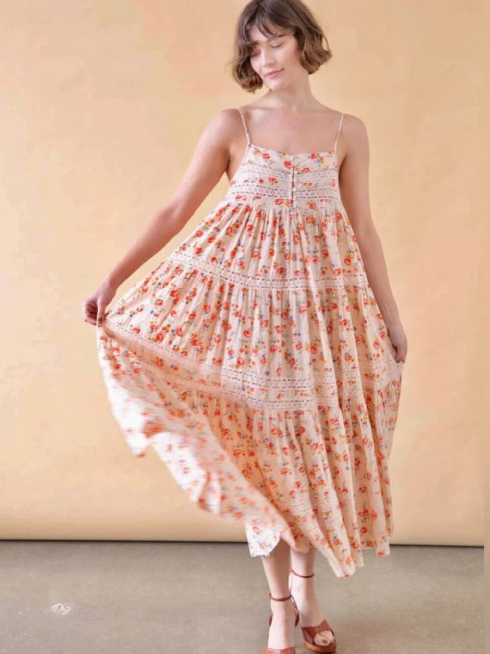 THE GREAT. Cream Floral Tiered Maxi Dress with Orange & Pink Print